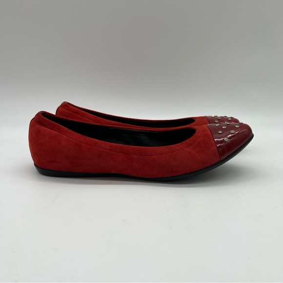MAGLI by Bruno Magli Elegant Red Suede Patent Leather with Studded Cap Toe Flats - Picture 3 of 15